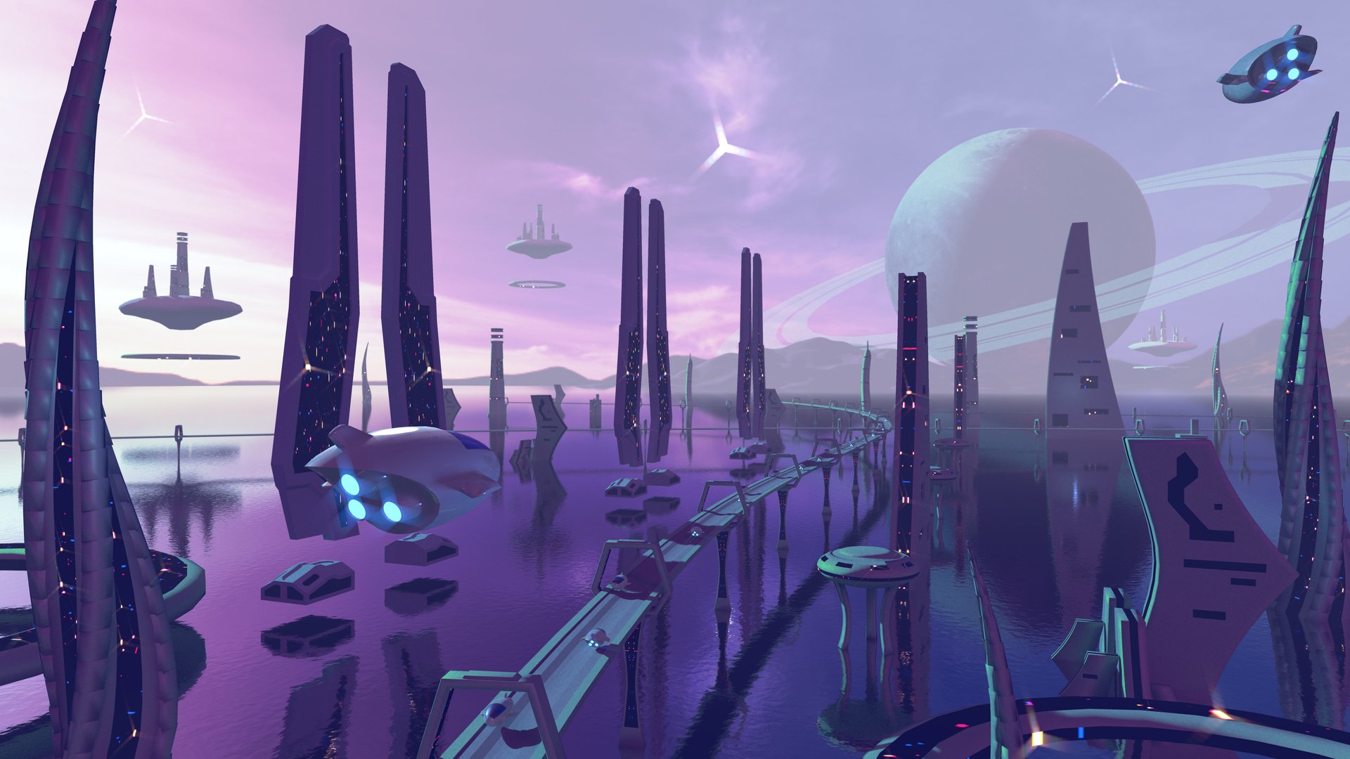 Alien sci-fi city with neon colors. 3D rendering